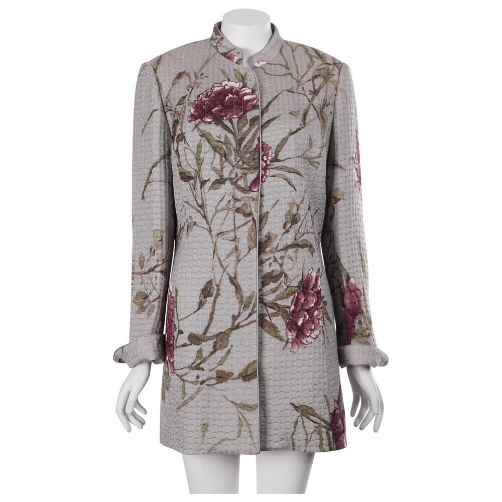 Linda Allard Ellen Tracy Topper Jacket 10 Gray Purple Floral Silk Wool Button Up